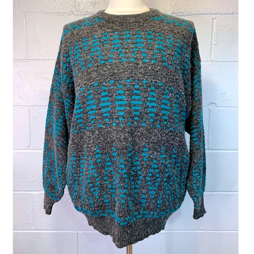 80's Silver Fern Mens Vintage Wool Blend  Sweater Grey Teal New Zealand M